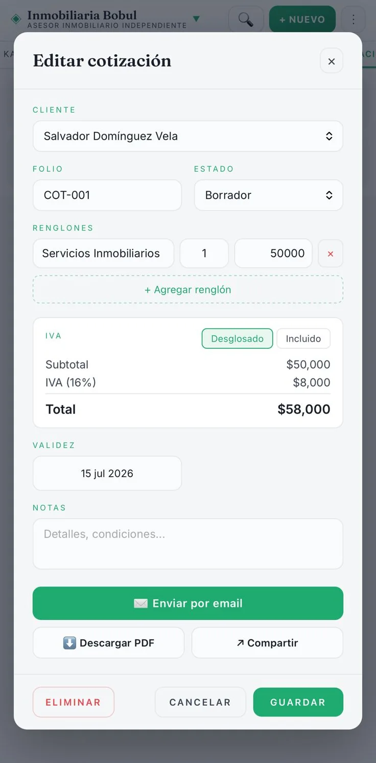 Cotización en Bobul: renglones, IVA desglosado o incluido, y botones para enviar por email, descargar el PDF o compartir por WhatsApp