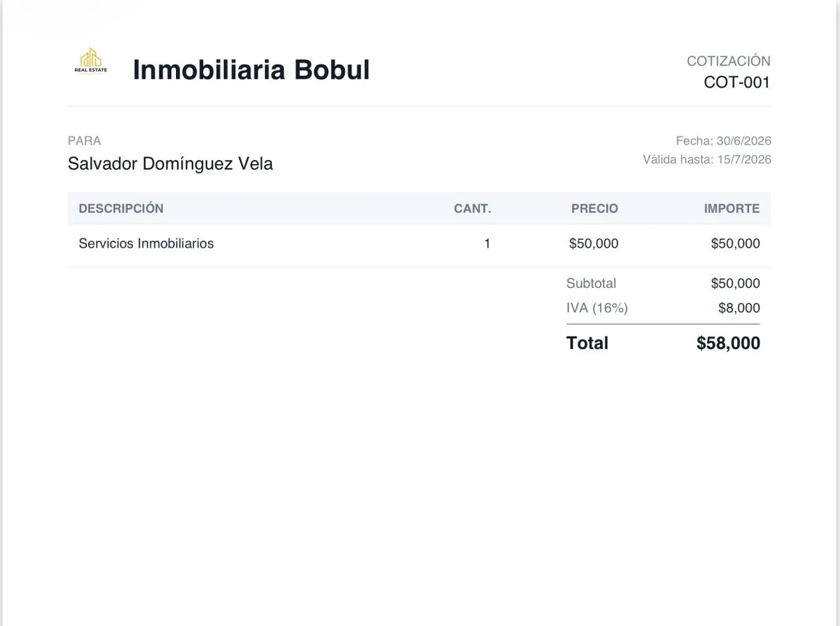 PDF de cotización generado por Bobul con el logo del negocio
